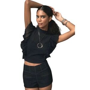 Maeve Cropped Ruffle Mesh Top Black Textured Open Back Blouse Small